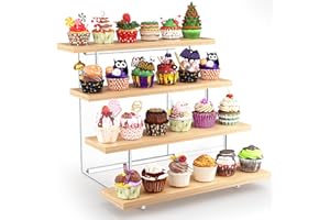 DEMEGA Wooden Cupcake Stand 4 Tier Cup Cake Holder, Hovering Effect Acrylic Display Risers, Rustic Tiered Display Stand for Dessert Table Cake Wedding Birthday Party Vendor