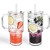 Oroklis 18oz Glass Tumbler with Handle & Lid – 2-Pack Iced Coffee Cups with Straws, Glass Mug for Cold & Hot Beverages Travel Cup for Smoothies, Tea, and Juice (clear-Glacial pattern-2pack)