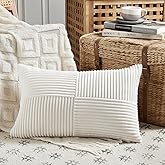Fancy Homi Cream White Lumbar Decorative Throw Pillow Covers 12x20 Inch for Living Room Couch Bed Sofa, Rustic Farmhouse Boho Home Decor, Soft Striped Corduroy Rectangle Accent Cushion Case 30x50 cm