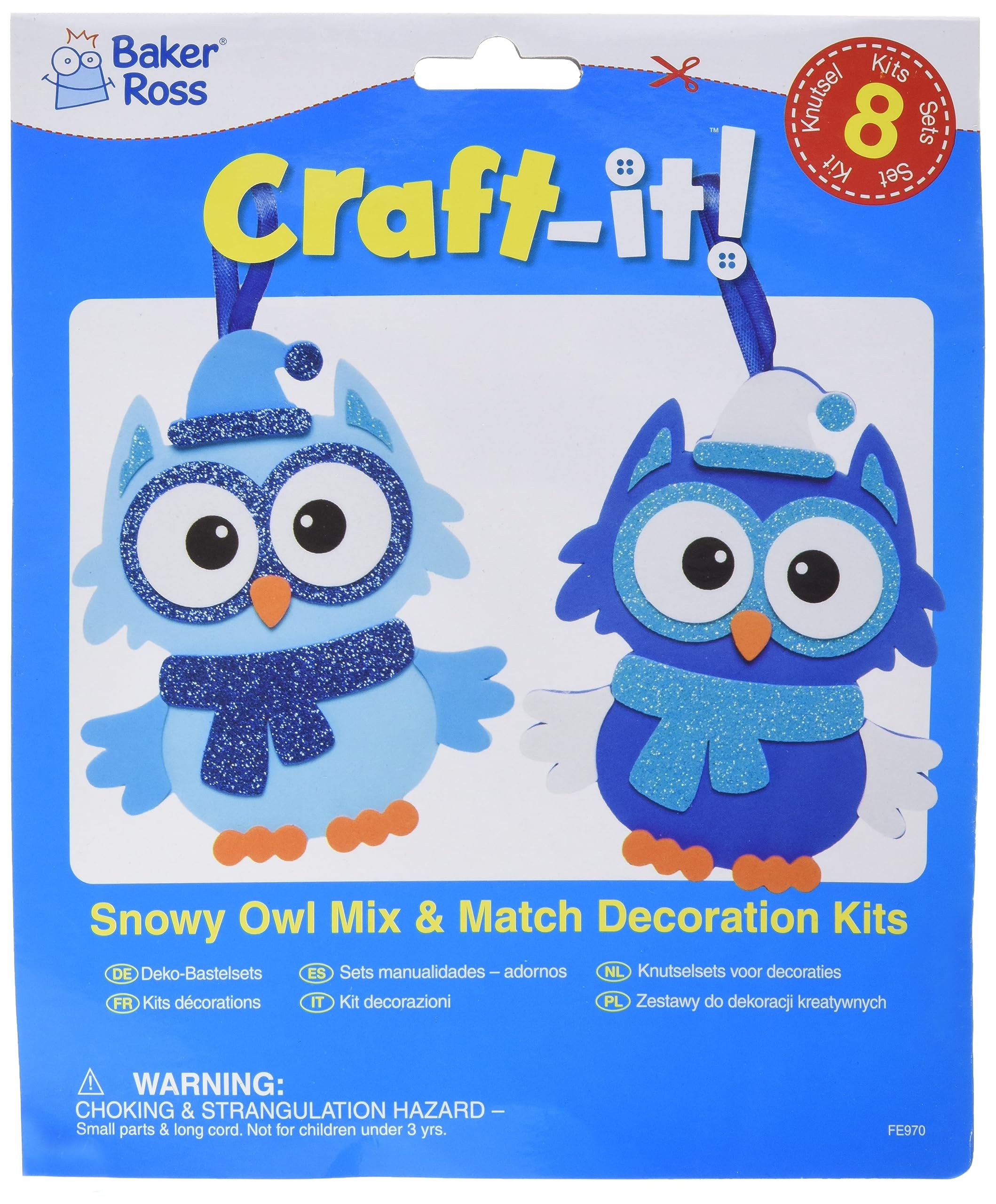 Baker Ross FE970 Snowy Owl Decoration Kits - Pack of 8, Make Your Own Decorations to Design and Display, Creative Activities for Kids