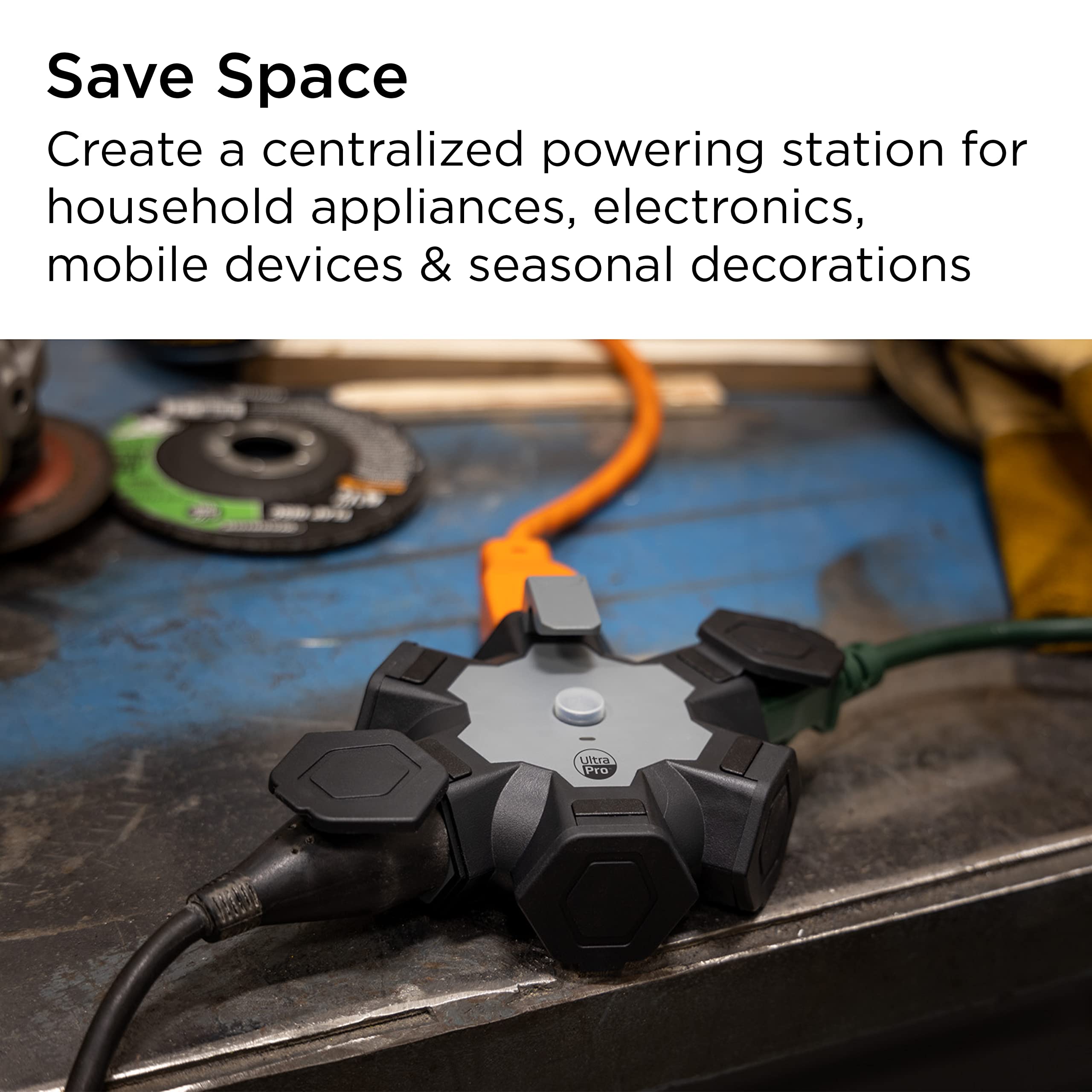 UltraPro Heavy Duty 5-Outlet Extender, Outdoor Extension Cord Adapter, Resettable Circuit Breaker and Storage Hook, Ideal for Seasonal Lighting, Decorations, Tools, and Appliances, Gray, 60213