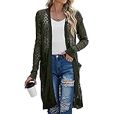 GRECERELLE Womens Lightweight Longer Length Cardigan Long Sleeve Casual Crochet Open-Front Sweater with Pockets