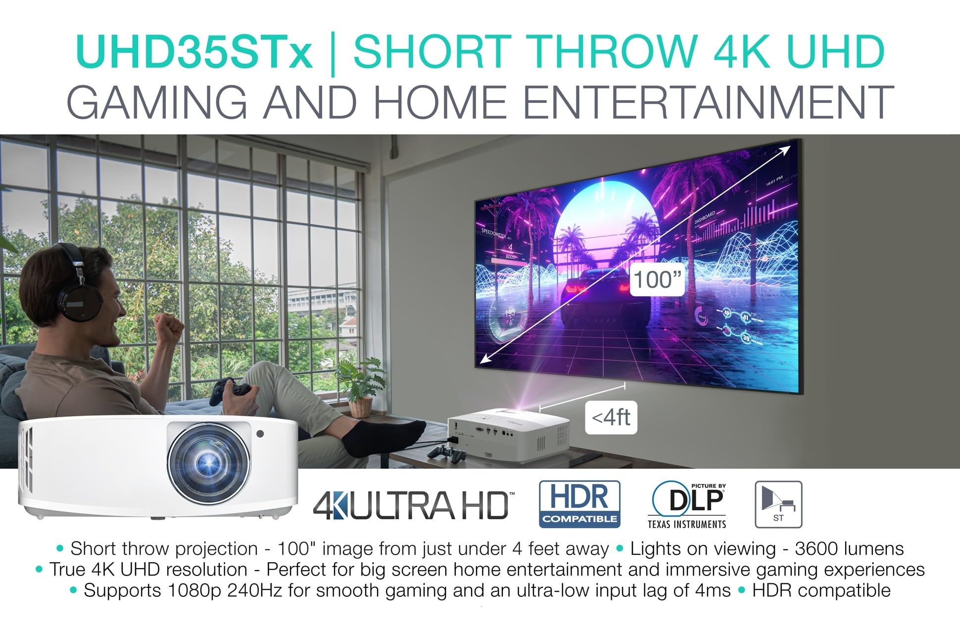 Optoma UHD35STX 4K UHD Short Throw Gaming and Home Entertainment Projector