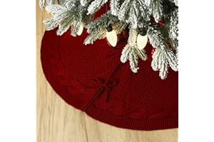 MASNEST Knitted Christmas Tree Skirt,36 Inches Cream Tree Skirt, Braided Cable Knit Thick Rustic Christmas Tree Skirt (Burgundy, 36")