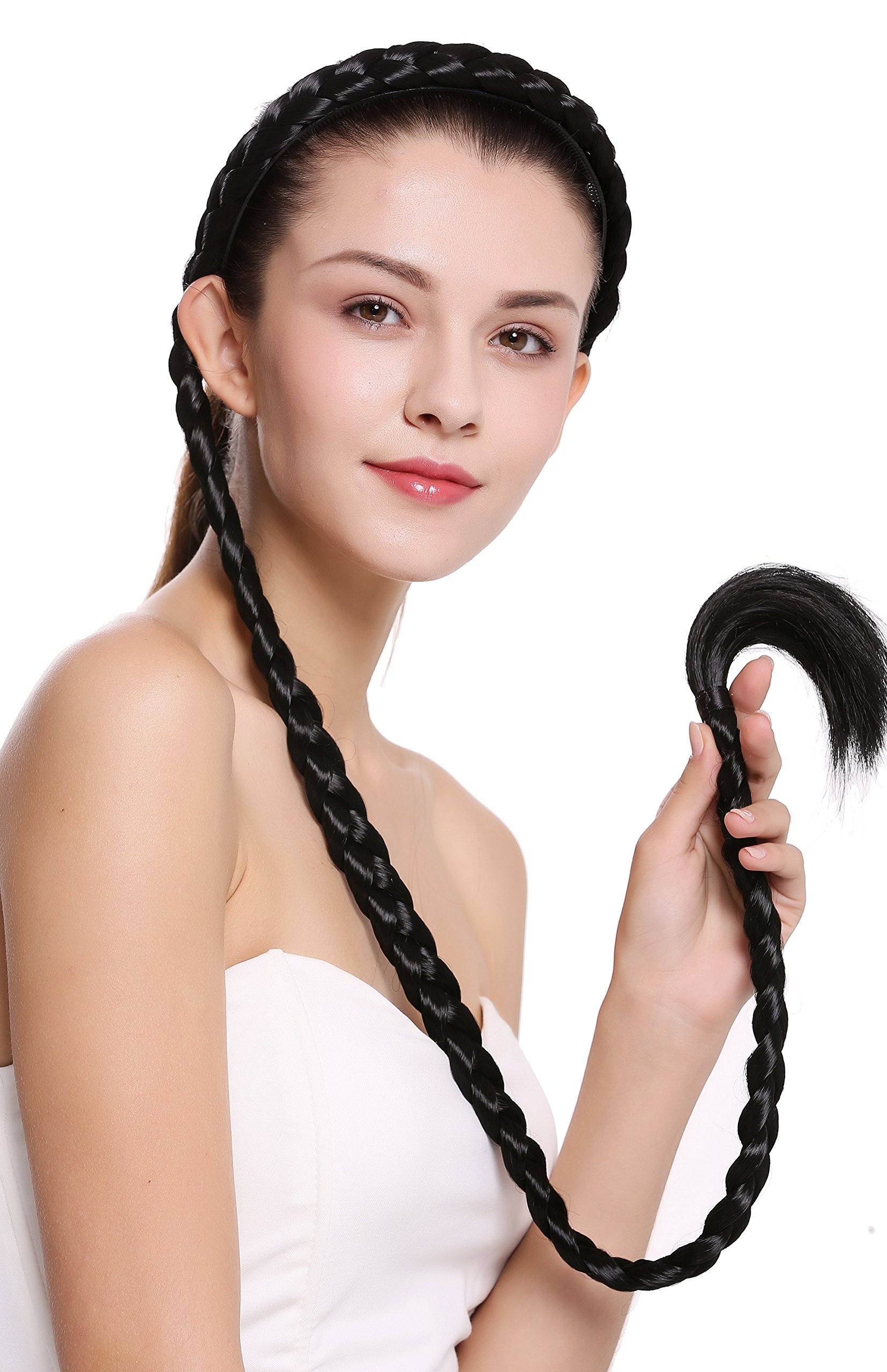 WIG ME UP - N1038-1 hairpiece plat plaited to Alice band very long livery black 37,5 inches