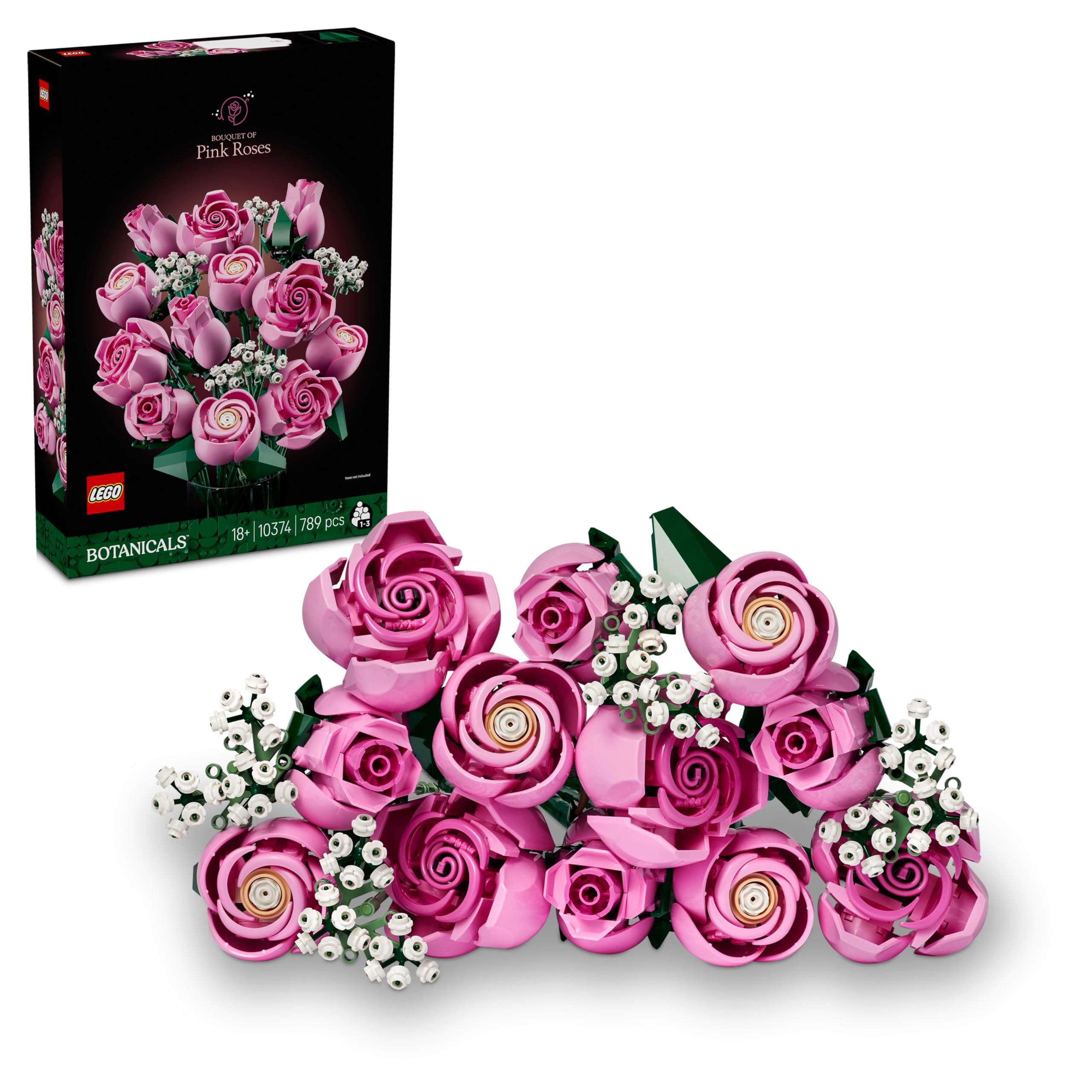 LEGO Botanicals Rosa Rosenstrauß - Set mit Kunstblumen für Erwachsene - 12 künstliche Rosen & 4 Zweige Schleierkraut als DIY Deko - Geschenkidee für Frauen - 10374
