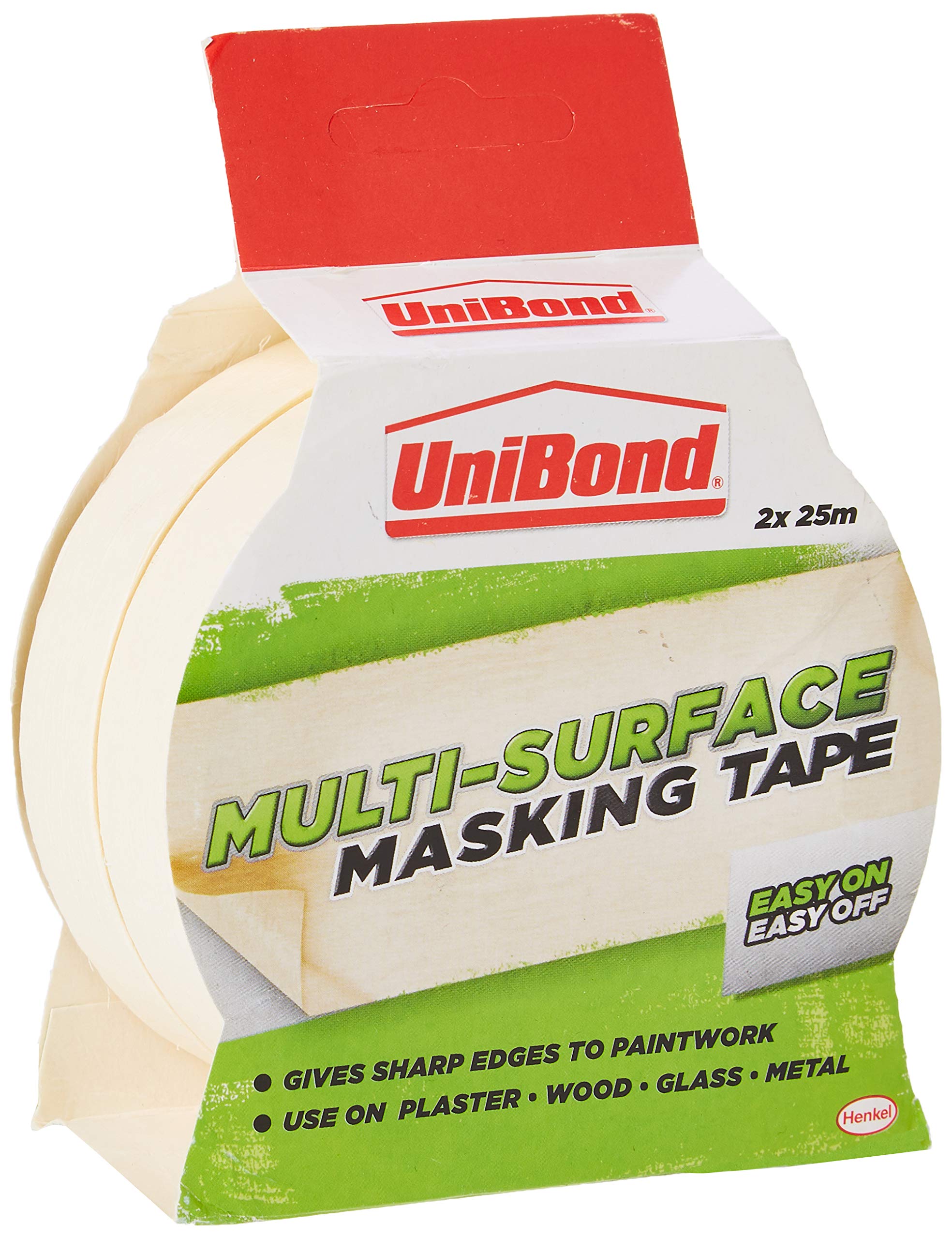 UniBond 1418302 Easy on Easy Off Masking Tape, 25 mm x 25 m - Cream, Pack of 2