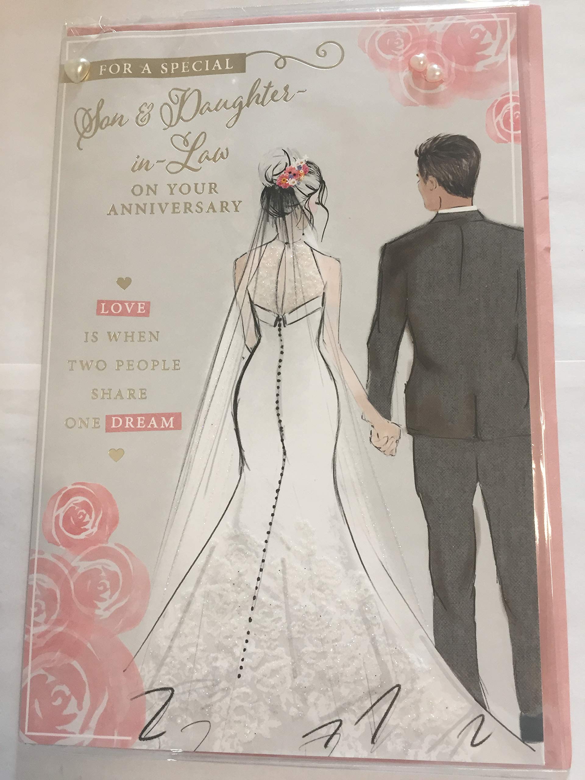 For A Special Son & Daughter-In-Law On Your Anniversary Wedding Anniversary Card Grey/Pink Bride+Groom Pearls/Glitter/Foil Detail(PRELUDE45569)