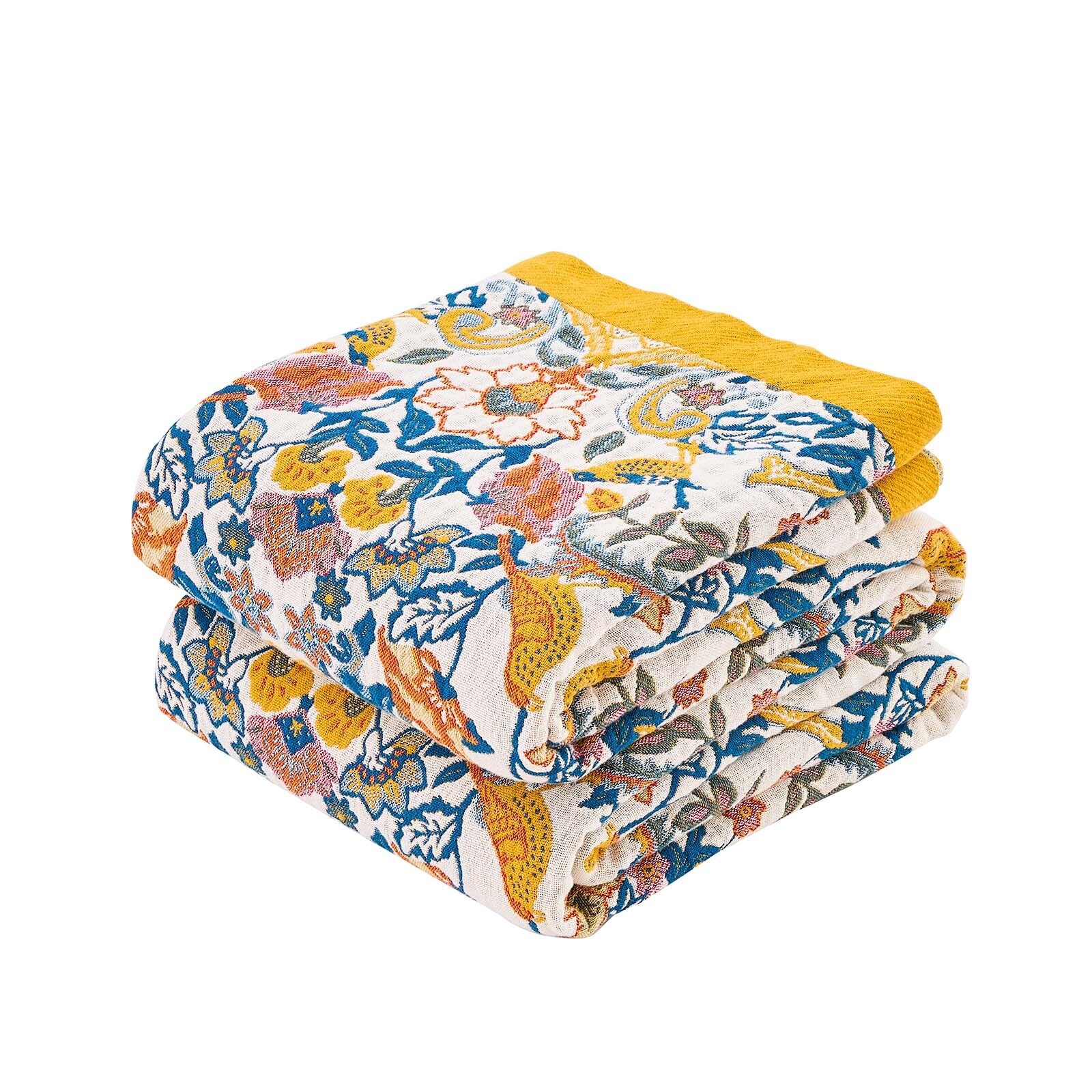 XIBLC Boho Blanket Throw Quilt, 100% Cotton Soft Light Weight Throw Blankets for Summer, 50"x60" Farmhouse Flower Decorative Blankets, All Season Rustic Reversible Bohemian Throw Quilt Image