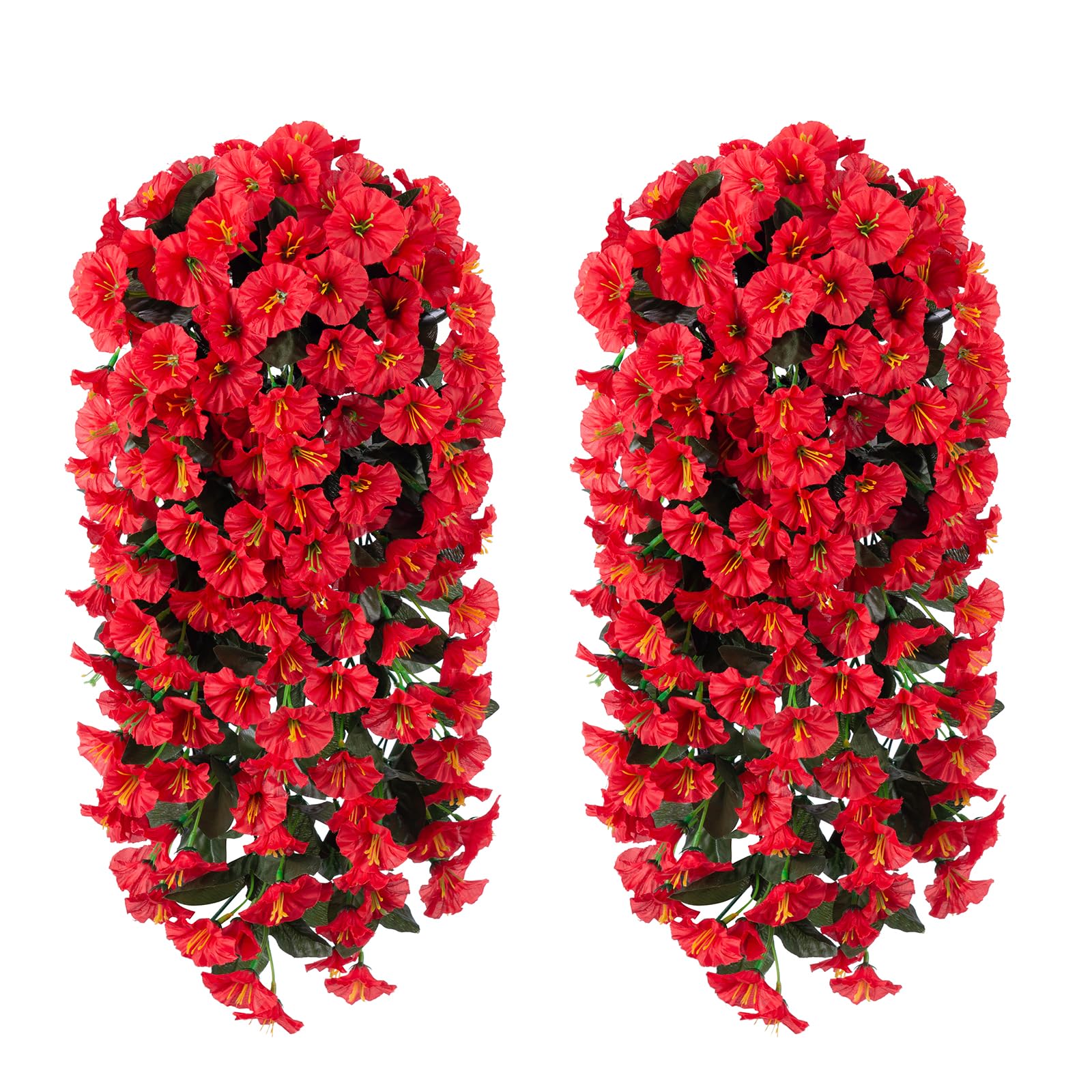Photo 1 of Artificial Faux Fall Hanging Plants Flowers for Outdoor Outside, 2 PCS Fake Silk Red Morning Glory Long Vines UV Resistant Realistic for Autumn Home Porch Patio Balcony Planter Decoration