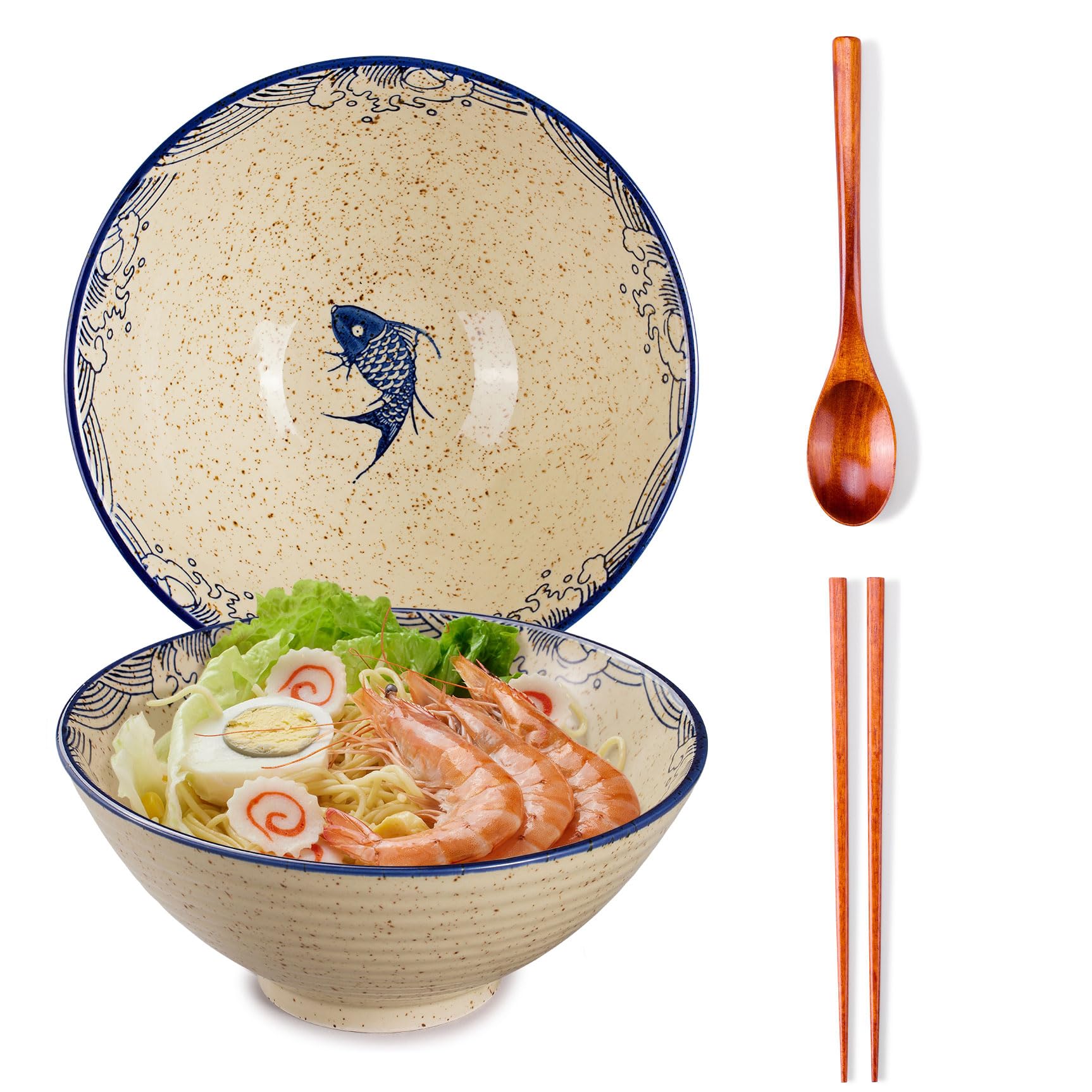 Photo 1 of 40 OZ ceramic ramen bowls, 8 IN large Japanese noodle soup bowl, match chopsticks and spoons, suitable for Pho, Udon Asian noodles (Japanese fish)