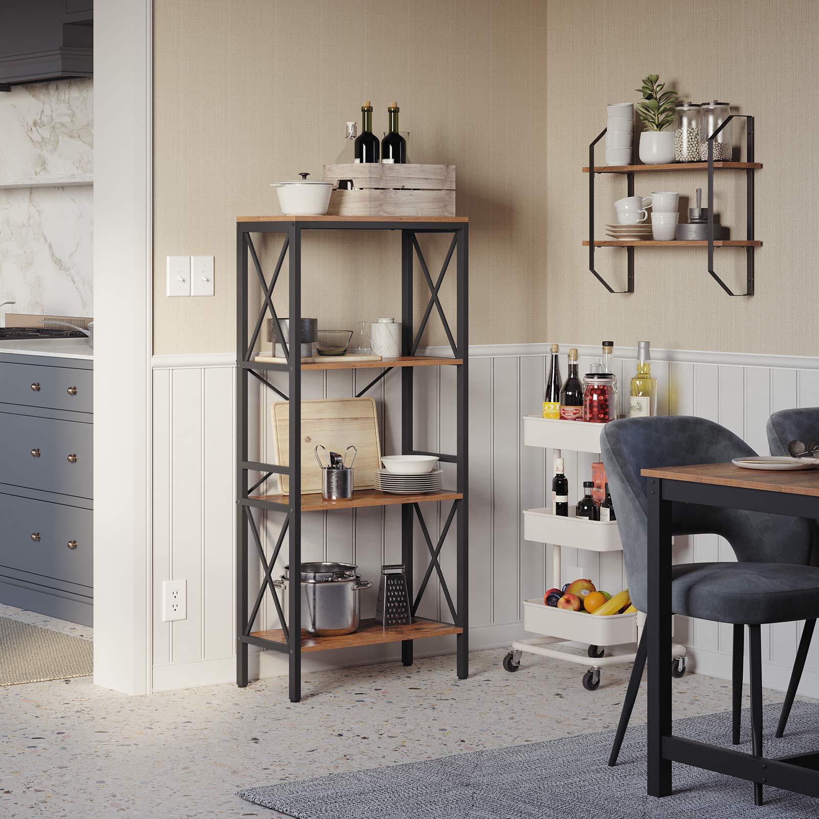 VASAGLE DAINTREE Bookshelf, Kitchen Shelf, Free Standing Shelf, Ladder Rack with 4 Open Shelves, for Kitchen, Office, Stable Steel Frame