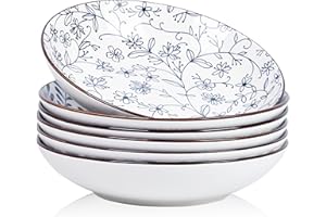 Swuut Ceramic 40oz Pasta Bowls Set of 6,9 inch Blue and White Large Salad Serving Bowl, Microwave and Oven Safe Dinner Dishes