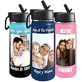 Personalized Photo Water Bottles, 18oz/32oz Custom Pictures Text Stainless Steel Insulated Sport Water Bottle with Straw Lid & Handle, Customized Cup Gifts for Men Women Birthday Anniversary Christmas