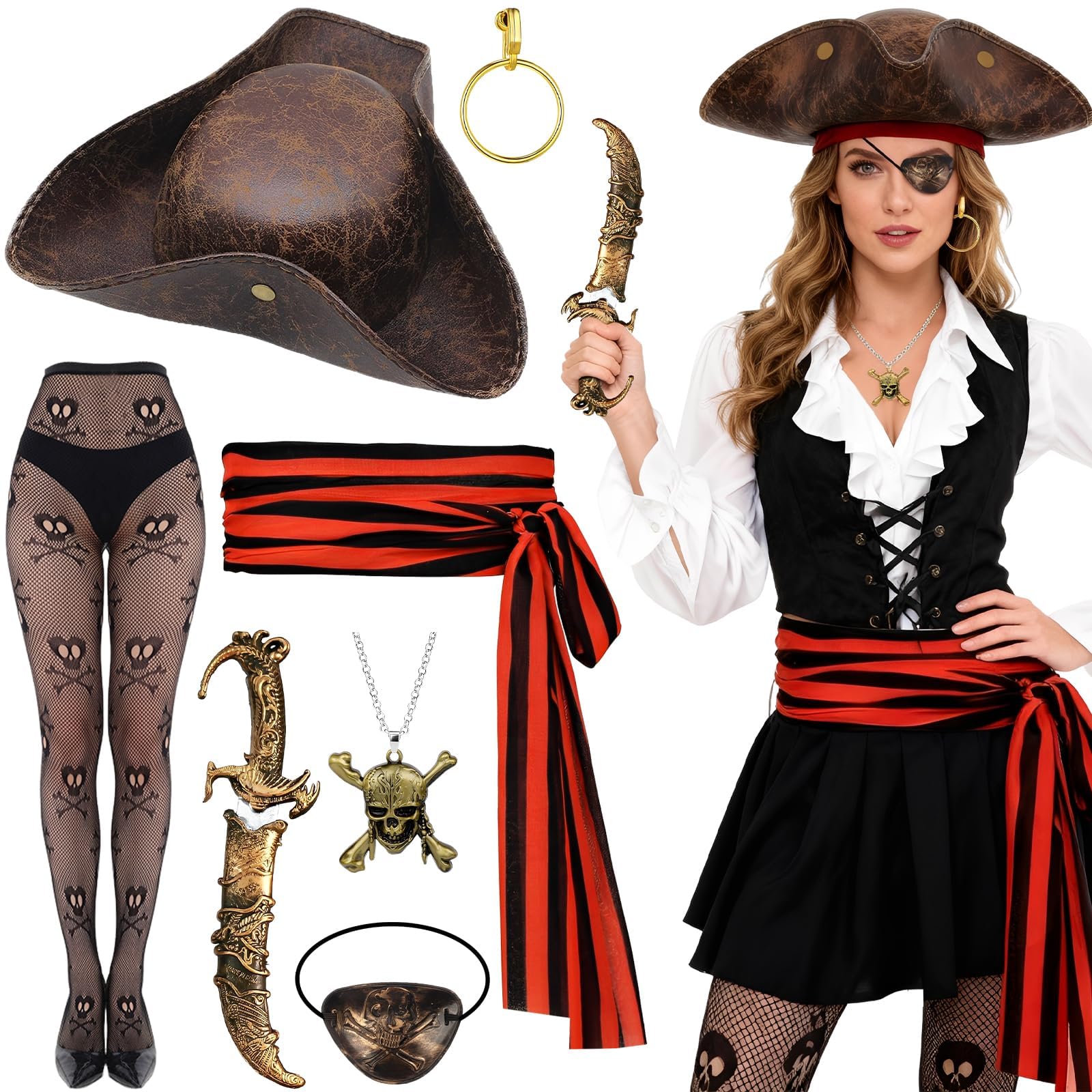 Kyndara 7Pcs Pirate Costume Set for Women, Pirate Outfit Accessories Kit with Tricorn Hat Socks Eye Patch Belt Necklace Earring Prop Dagger for Adult Halloween Themed Parties Stage Performance