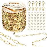 Ecoofor 33 Ft 18k Gold Stainless Steel Paperclip Chains Roll - 3mm Width, Gold Plated Chain with Jump Rings & Lobster Clasps