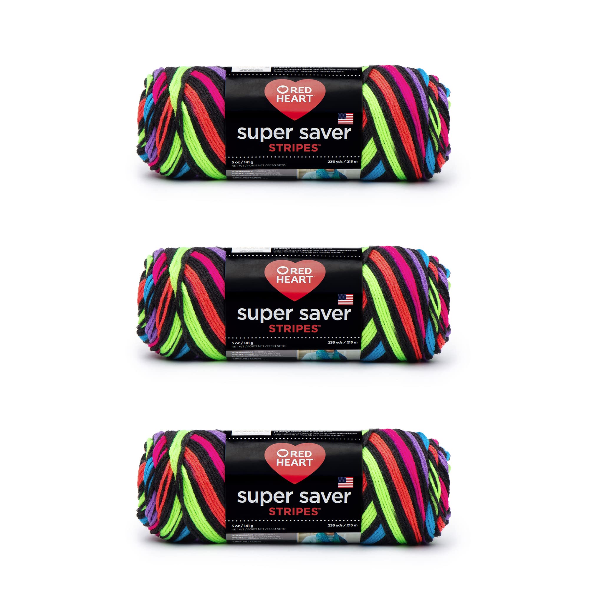 Red Heart Super Saver Pack of 3 - Neon Stripes - 7oz/198g - Acrylic - 4 Medium (Worsted) - 364 Yards - Knitting, Crocheting, Crafts & Amigurumi — image 1