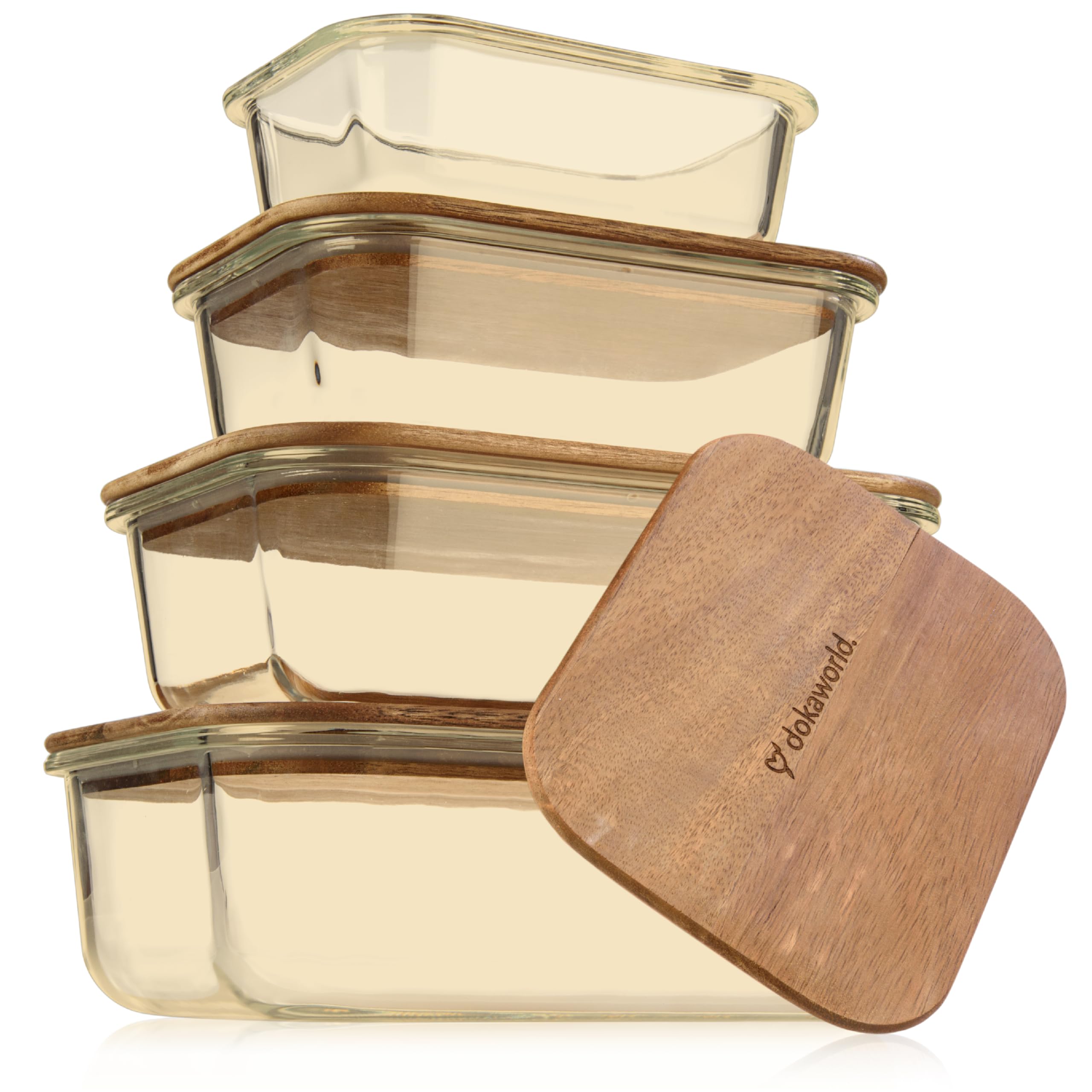 Photo 1 of dokaworld Glass Food Storage Containers With Acacia Lids – Amber Glass Meal Prep Containers Set – 4 Airtight Stackable Food Storage Kitchen Containers – Eco-Friendly Oven Safe Nesting Lunch Containers