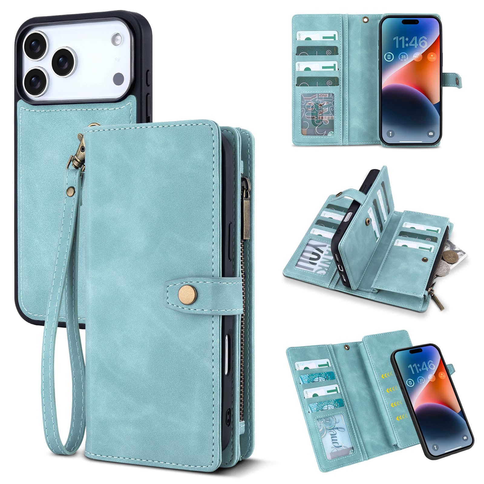 TwoHead Wallet Case Compatible with iPhone 17 Pro Max,Detachable,Magnetic,11 Cards Holder,PU Leather All-Round Protective Phone Case with Change Pocket(6.9 in,Blue)
