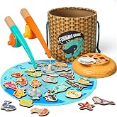 TOP BRIGHT Wooden Magnetic Fishing Game, Montessori Toy for Ages 3+ | Dual-Player Fishing With Magnetic Rods, Develops Fine M