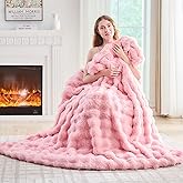 Lotus Karen Faux Fur Throw Blanket Pink - Big Bubble Rabbit Fluff Blanket for Couch, Small Fluffy Fuzzy Cozy Blanket,Thick Furry Plush Shaggy Blankets,50x60 Inches