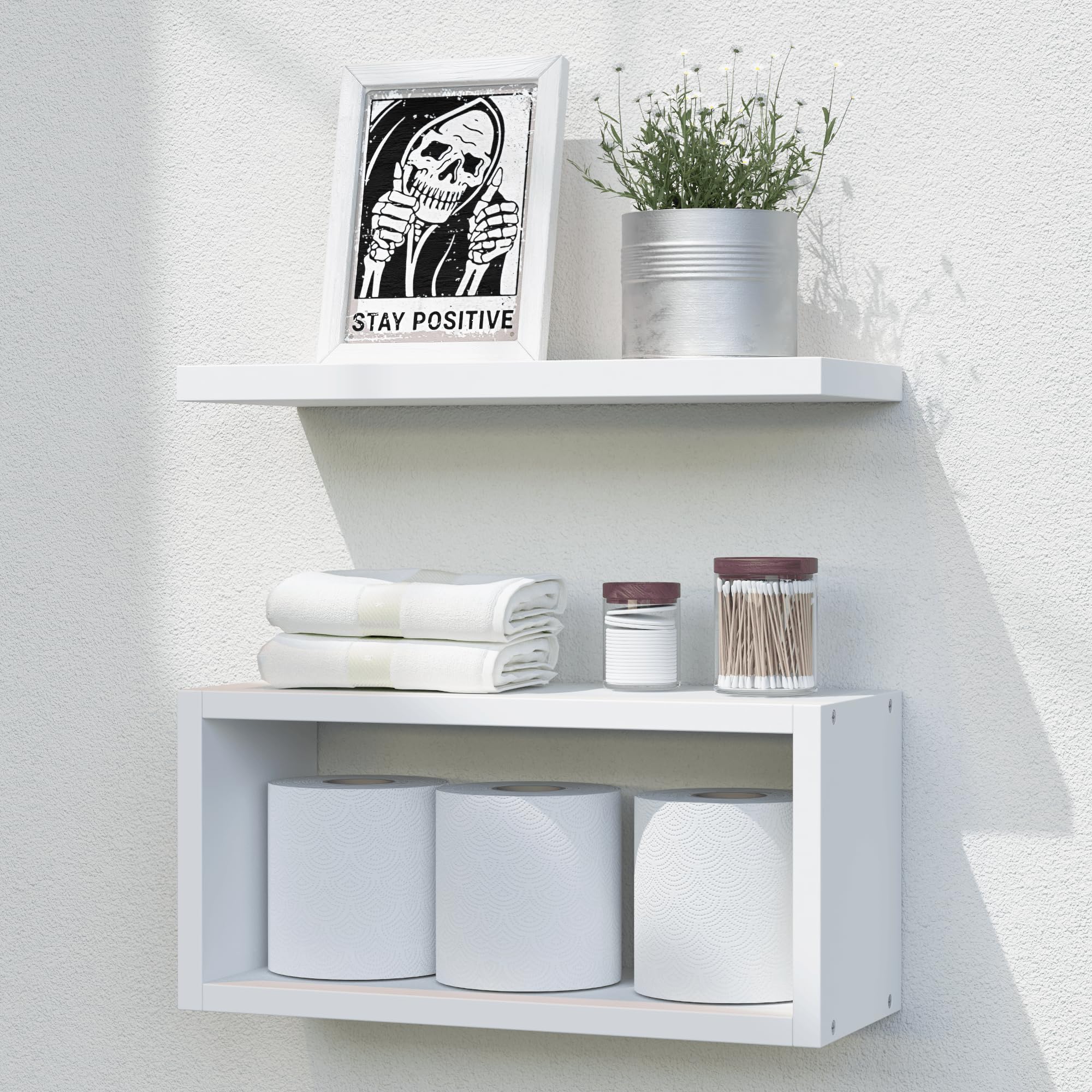 RICHER HOUSE Floating Shelves Bathroom, White Floating Shelves for Wall, Above Toilet Bathroom Shelves, Wall Mounted Hanging Shelves for Bedroom, Kitchen, Living Room Decor - White