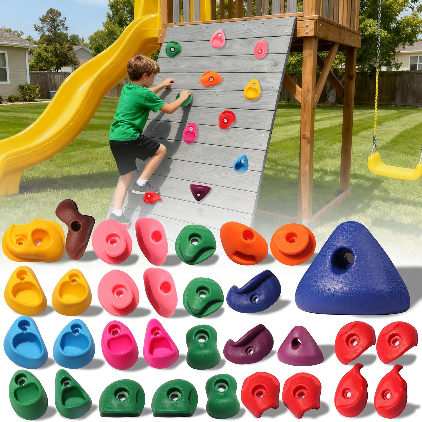 Photo 1 of NEATATOU 32 PCS Rock Climbing Holds for Kids,Rock Climbing Wall Grips Climbing Rocks Wall Kit for Indoor and Outdoor Playground Play Set with Hardware
