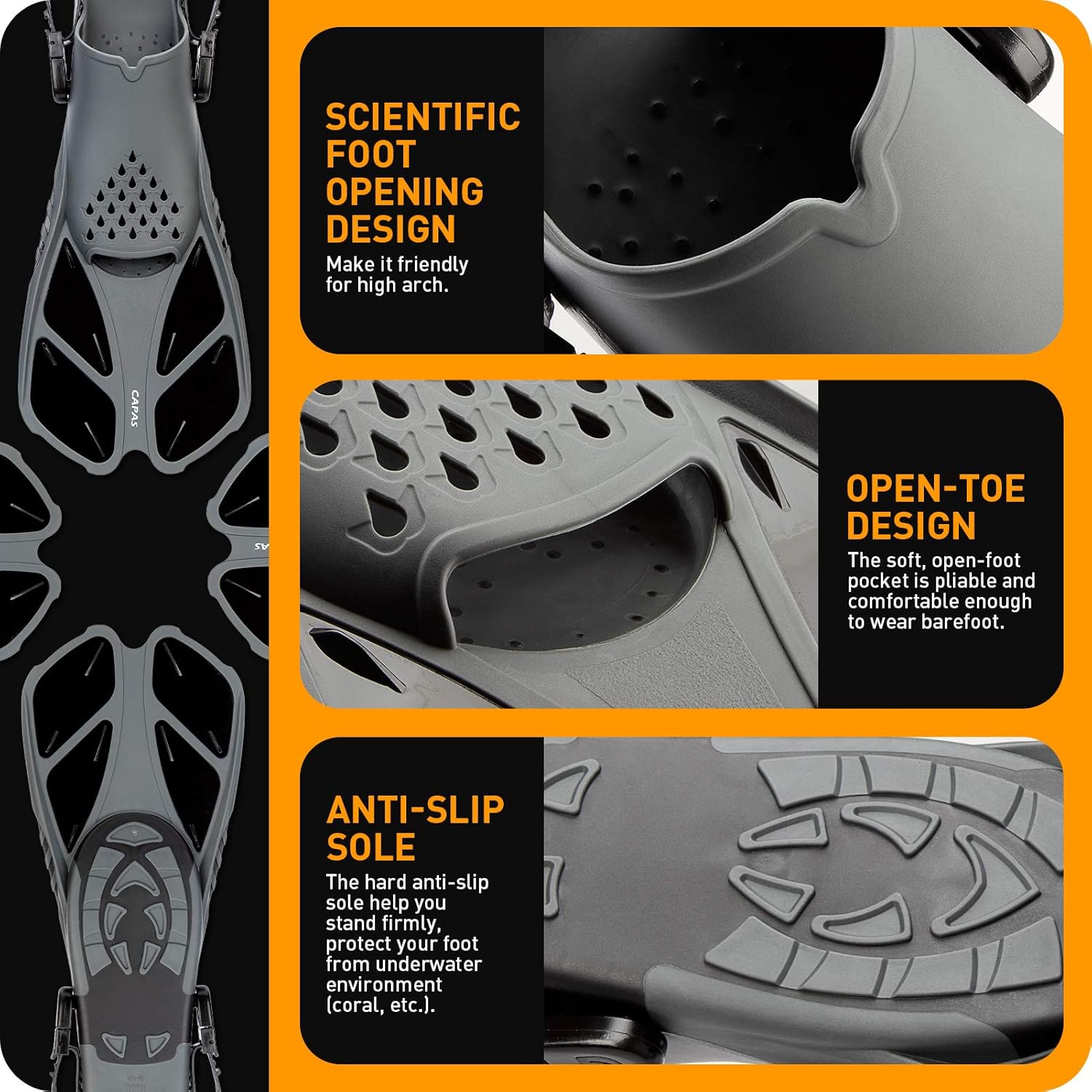 CAPAS Swim Fins, Snorkel Fins with Travel Size Short Fins for Snorkeling Diving Adjustable Open Heel Flippers for Men Women Youth : Sports & Outdoors