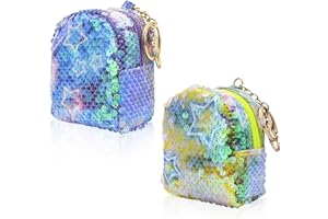 WisePoint 2pcs Coin Purse, Tranparent Sequins Change Purse Coin Pouch for Women and Girls, Cute Change Bags with Keyring and Zipper for Working, Travelling, Shopping, Dating,Party (yellow+ purple)
