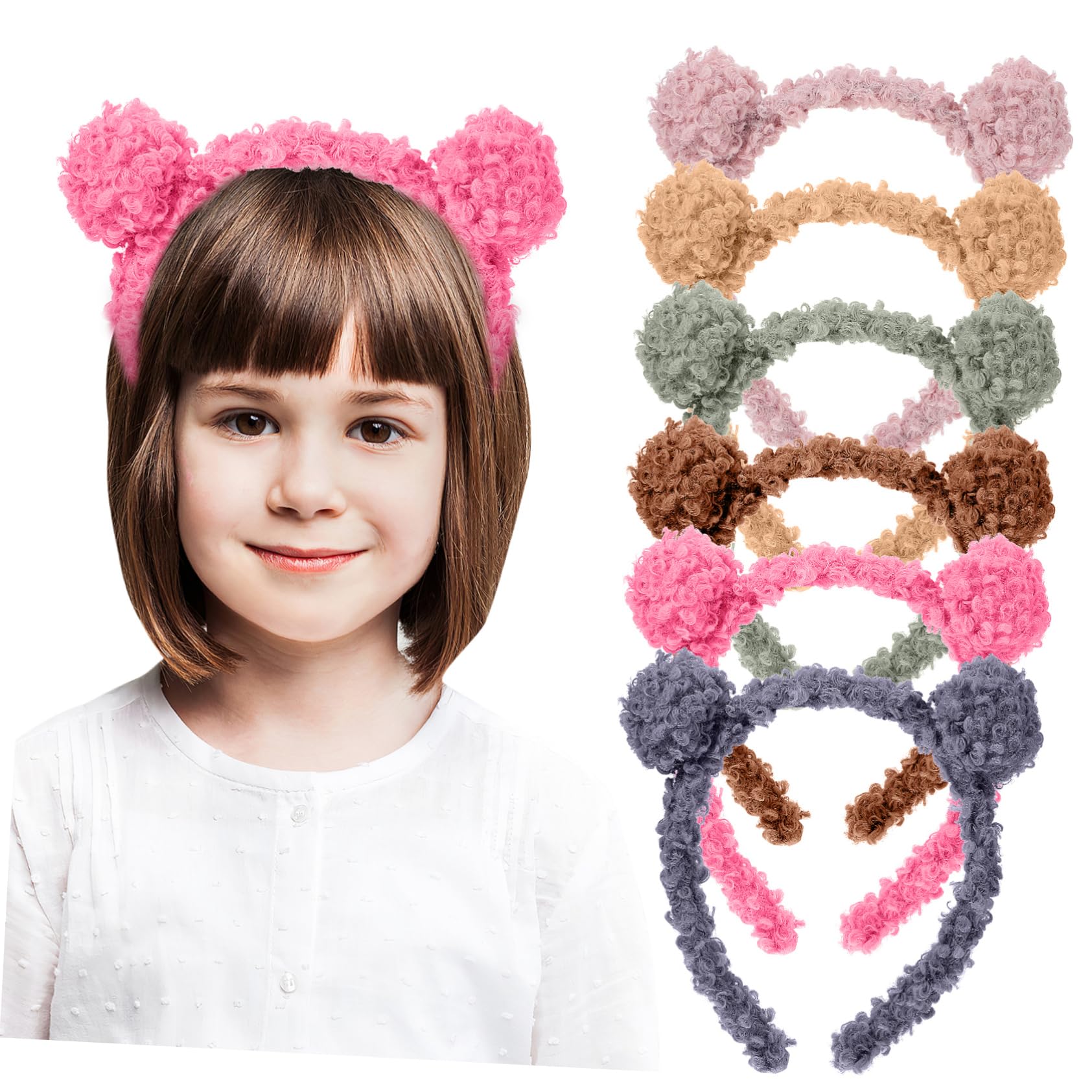 WOONEKY Bear Ear Headband 6Pcs Cute Elastic Hairbands for Kids and Adults Lightweight Hair Hoop for Daily Wear Party Cosplay and Makeup Accessories