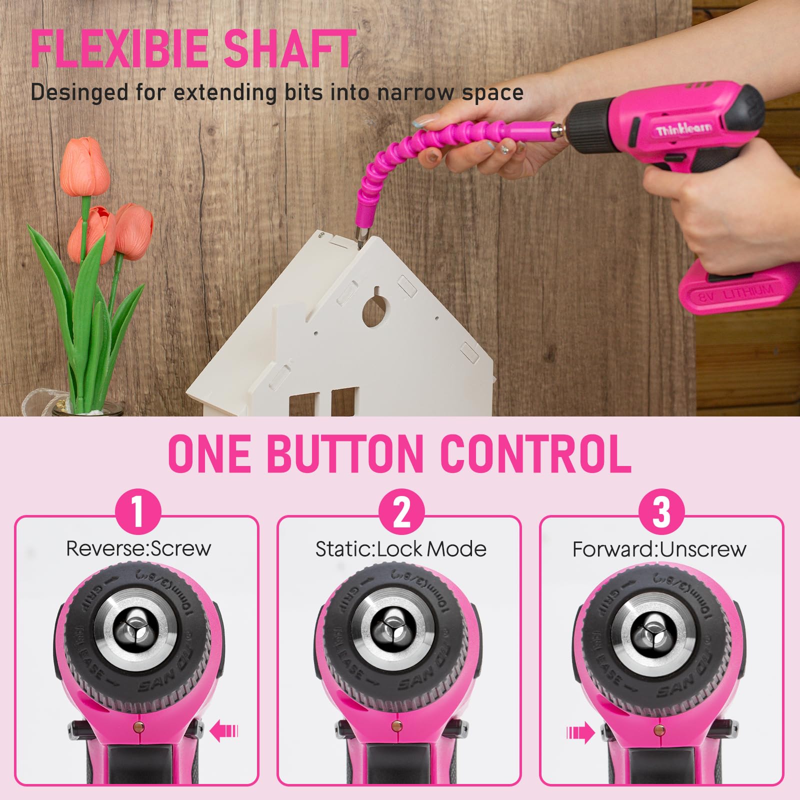 8V Pink Cordless Drill Set, Electric Screwdriver Drill Driver Set with 3/8