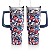 Sabobo Red White and Navy Floral Cup Gifts for Women Men，Patriotic 40oz Tumbler with Handle and Straw, 4th of July Flower Stainless Steel Insulated Water Bottle (1 PC)