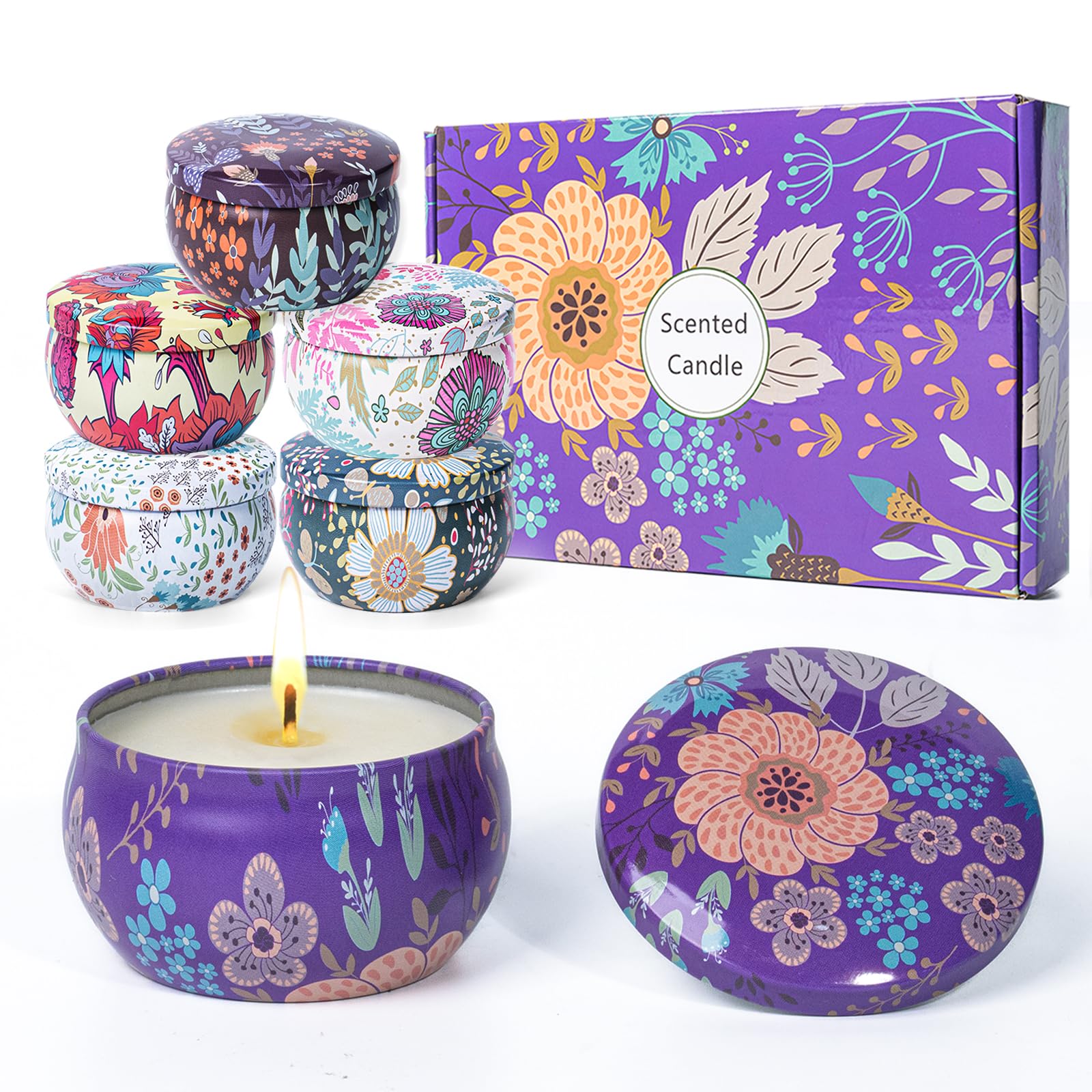 6 Pcs Scented Candles Gifts Set for Women - Lavender, Rose, Rosemary, Jasmine, Vanilla and Gardenia, Natural Soy Wax, Gift on Anniversary, Mother's Day and Valentine's Day for Yoga, Bath, SPA