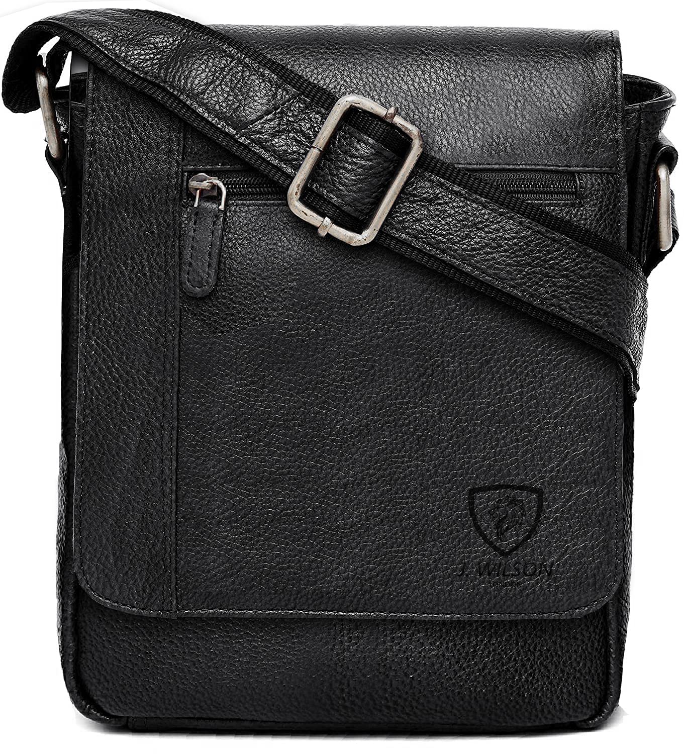 J. Wilson London 100% Pure Genuine Real Vintage Hunter Leather Handmade Mens Leather Flapover Everyday Cross-Body Shoulder Work Messenger Bag (Black) — image 1