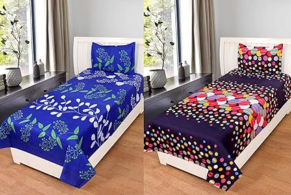 BSB Trendz Luxury Feel Glace Cotton 160 TC with 200 GSM Single Bedsheet With 2 Pillow Cover,Set of 2,Blue-Purple