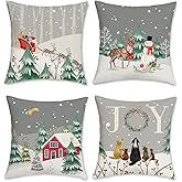 Bonhause Grey Winter Christmas Throw Pillow Covers 18x18 Inch Snowy Pine Tree Snowman Reindeer Decorative Pillows for Couch Sofa Bed Home Holiday Decor Set of 4