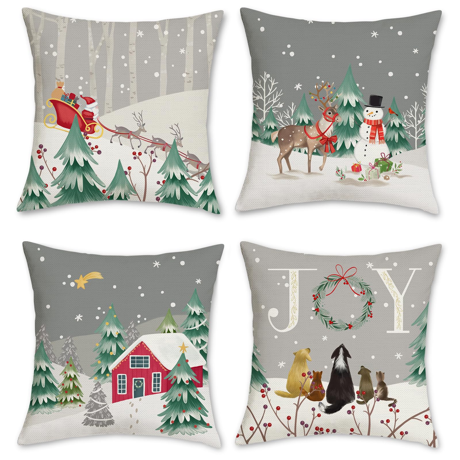 Bonhause Grey Winter Cushion Covers 45 x 45 cm Snowy Pine Tree Snowman Reindeer Decorative Throw Pillow Covers Polyester Linen Pillowcases for Sofa Bed Xmas Holiday Decor Set of 4