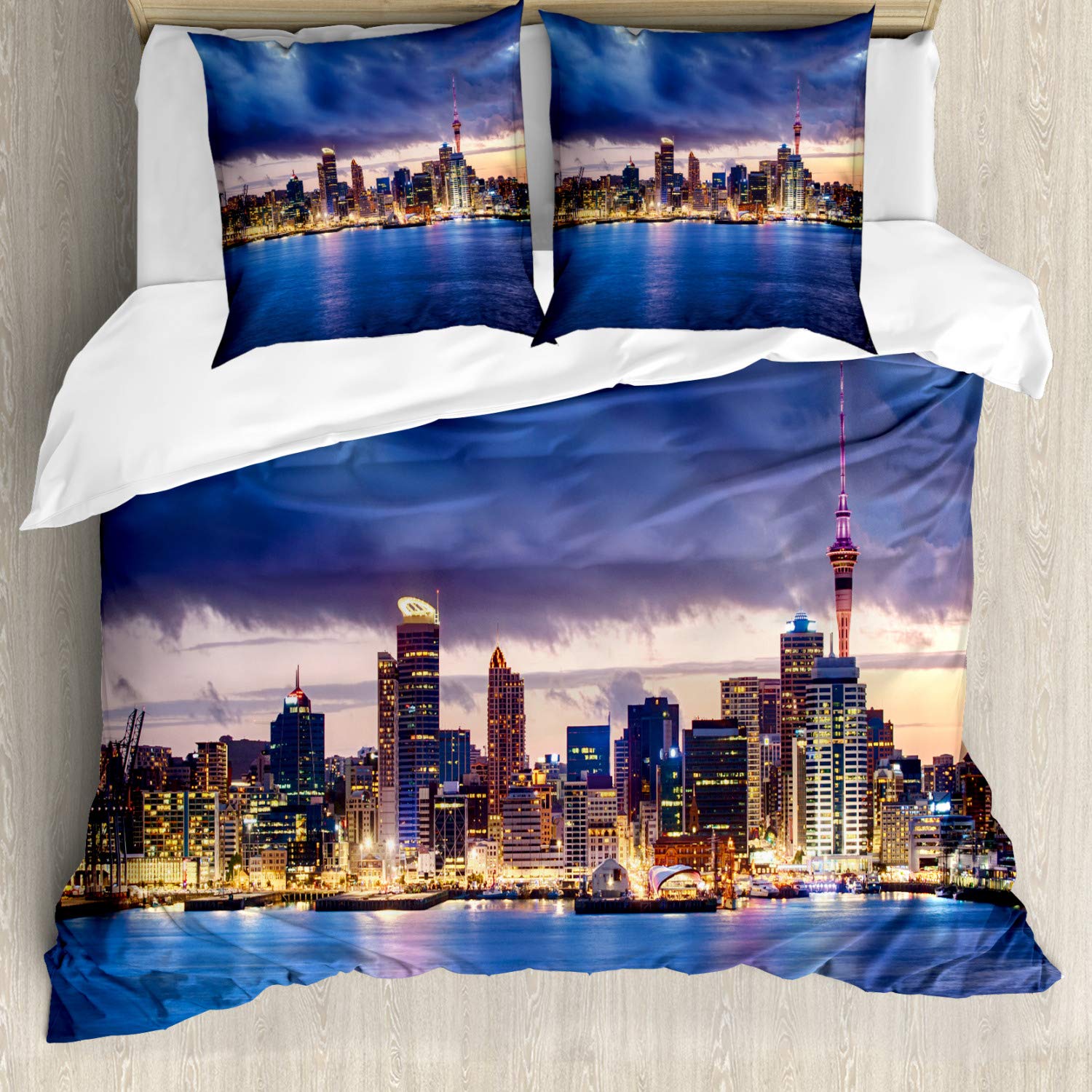 ABAKUHAUS City Duvet Cover Set, Auckland the Biggest City in New Zealand Waterfront Travel Destination, Bedding Set 3 Pieces with 2 Pillow Shams, 200 cm x 200 cm, Navy Blue Pale Yellow — image 1