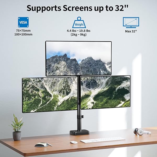 ERGOFOCUS TRIPLE MONITOR MOUNT FITS MAX 32″ COMPUTER SCREEN, HOLDS UP TO 17.6LBS EACH ARM, 3 MONITOR DESK MOUNT, TRIPLE STAND WITH TILT SWIVEL ROTATION, VESA MOUNT 75/100MM