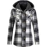 Puhope Women's Plaid Sherpa Lined Hooded Jacket Fleece Flannel Coat | Windproof, Warm, Casual, Zipper and Snap Buttons, Daily Wear, Weekend Outings, Coffee Dates, Casual Travel, in Fall Winter