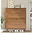 Fsbecl Shoe Storage Cabinet for Entryway with 2 Flip Drawers, Narrow Wood Shoe Cabinet with Fluted Panel, Freestanding Hidden Shoe Organizer for Foyer, Hallway (Walnut)