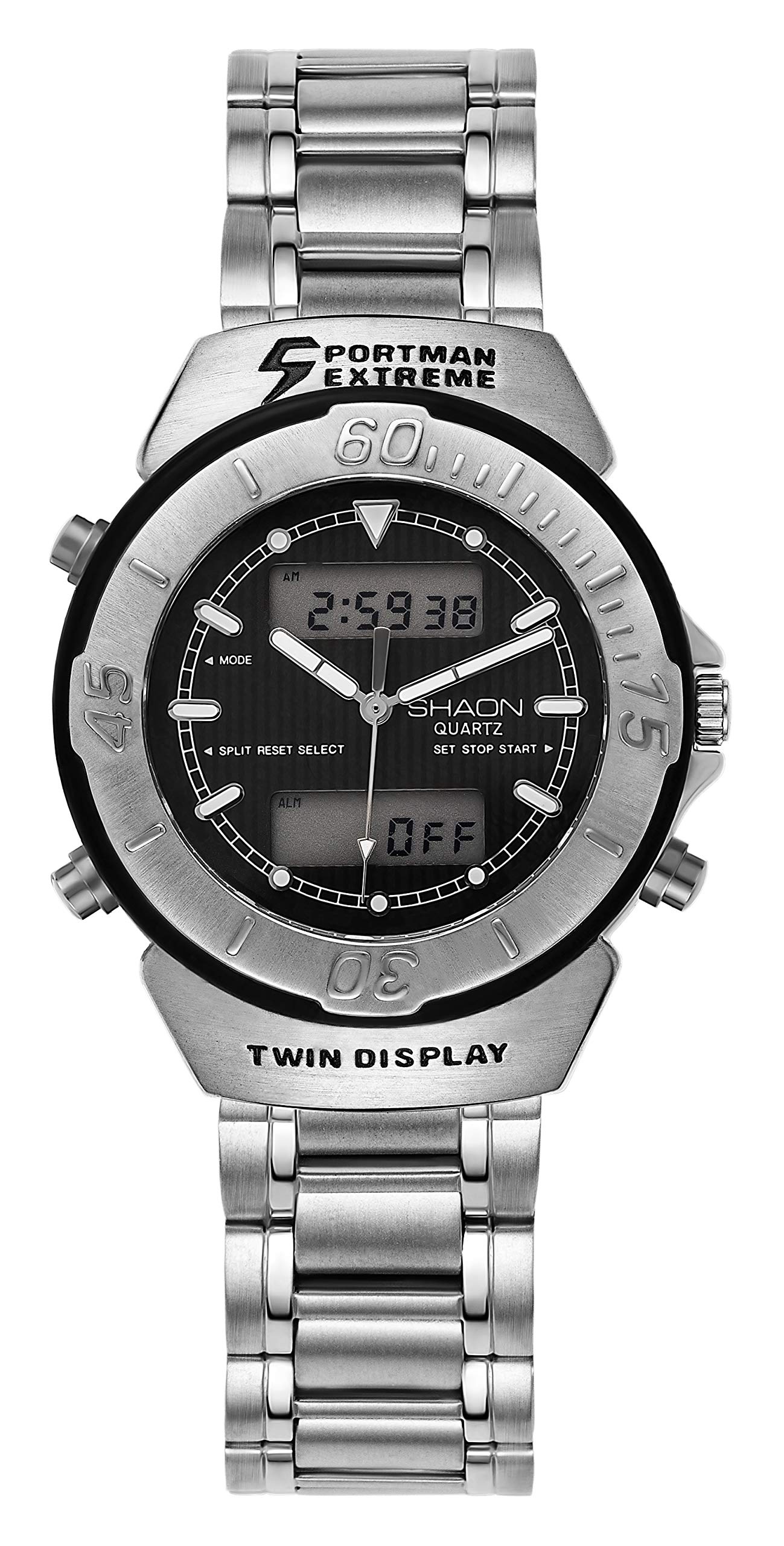 SHAON Men's Analogue Digital Watch Silver Stainless Steel Band Countdown Watch & Black Dial