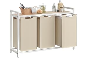 VASAGLE Laundry Hamper, Laundry Basket Sorter with 3 Pull-Out and Removable Bags, Shelf, Metal Frame, 3 x 10.6 Gallons (40 L), 36.4 x 13 x 28.4 Inches, Cappuccino Beige and Natural Beige UBLH301LH01