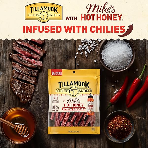 TILLAMOOK COUNTRY SMOKER BEEF SMOKED SAUSAGES, MIKE’S HOT HONEY, 3.6 OUNCE, REAL HARDWOOD SMOKED SAUSAGES, LOW CARB, HIGH PROTEIN, READY TO EAT SWEET & SPICY SNACK