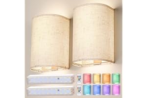 OCATO Battery Operated Wall Sconce: Wireless Wall Sconces Set of Two Magnetic Lamp Rechargeable Lights Dimmable with 16 RGB Colors Fabric Linen Shade with Remote Walls Decor for Bedroom Living Room