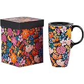 Topadorn Ceramic Coffee Mug Travel Cup with Lid 17oz., Porcelain Tall Tea Cup with Handle for Home & Office, Flowers Art Pattern Mug with Gift Box, 6.5''H