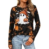 HQP Halloween Shirts for Women: Long Sleeve Pumpkin T Shirt Funny Halloween Graphic Tee Fall Tops