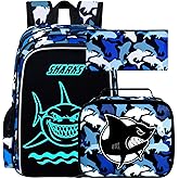ZLYERT 3Pcs Glow in The Dark Backpack, 17 Inch Shark Bookbag for Boys With Lunch Box, School Laptop Backpacks Set For Teens(Blue)