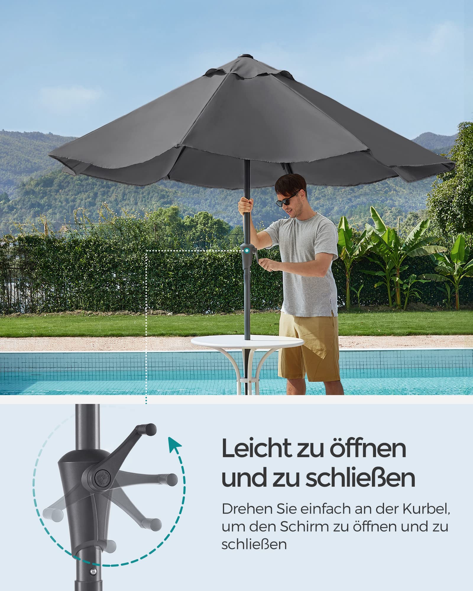 SONGMICS Gartenschirm Ø 300 cm, Marktschirm, UV-Schutz bis UPF 50+, Terrassenschirm klappbar mit Kurbel, ohne Ständer, Garten, Balkon, Terrasse, grau GPU30GYV1 3