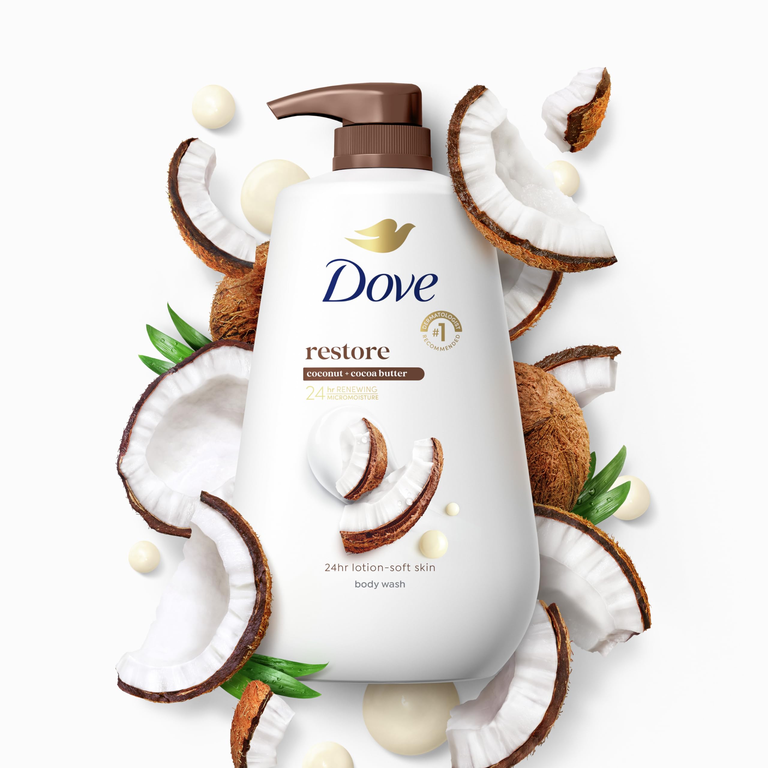 Dove Body Wash with Pump Restore Coconut & Cocoa Butter for 24hr Lotion-Soft Skin Moisturizing Skin Cleanser with No Sulfates No Parabens 30.6 Oz